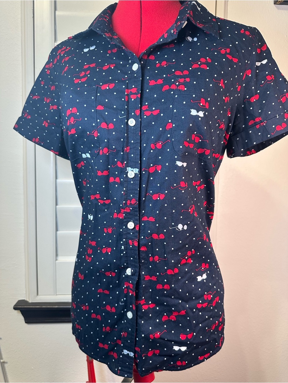 Navy Short-Sleeve Button-Up Shirt with Red Sunglasses Print